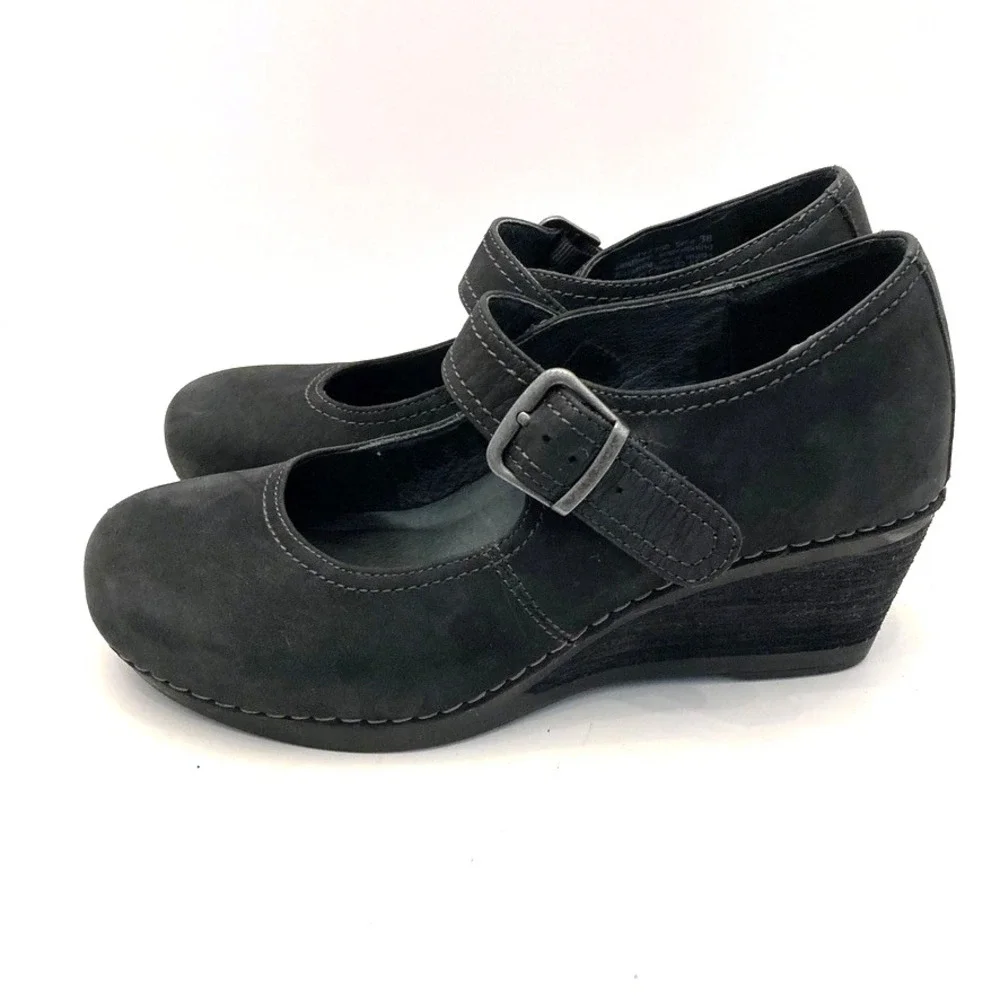 Dansko Sandra Black Nubuck Leather Wedge Heel Mary Jane Womens 7.5 EU38